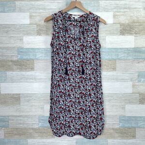 Beach Lunch Lounge Tassel Split Neck Tank Dress Blue Floral Casual Womens Small